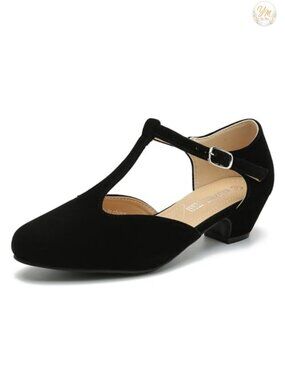 Women's T-Strap Mary Jane Pumps Low Block Heel Closed Toe Buckle Matte PU